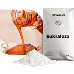Biały proszek i płynna sukraloza w butelce obok worka z napisem "Sukraloza" od Foodcom.