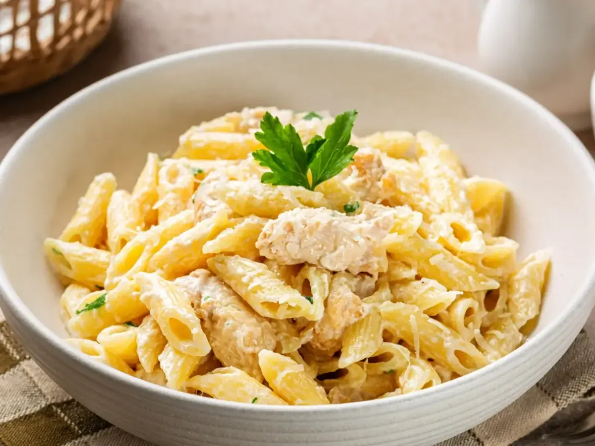 Penne z kurczakiem w kremowym sosie, idealne dania z makaronem na obiad. Udekorowane natką pietruszki.
