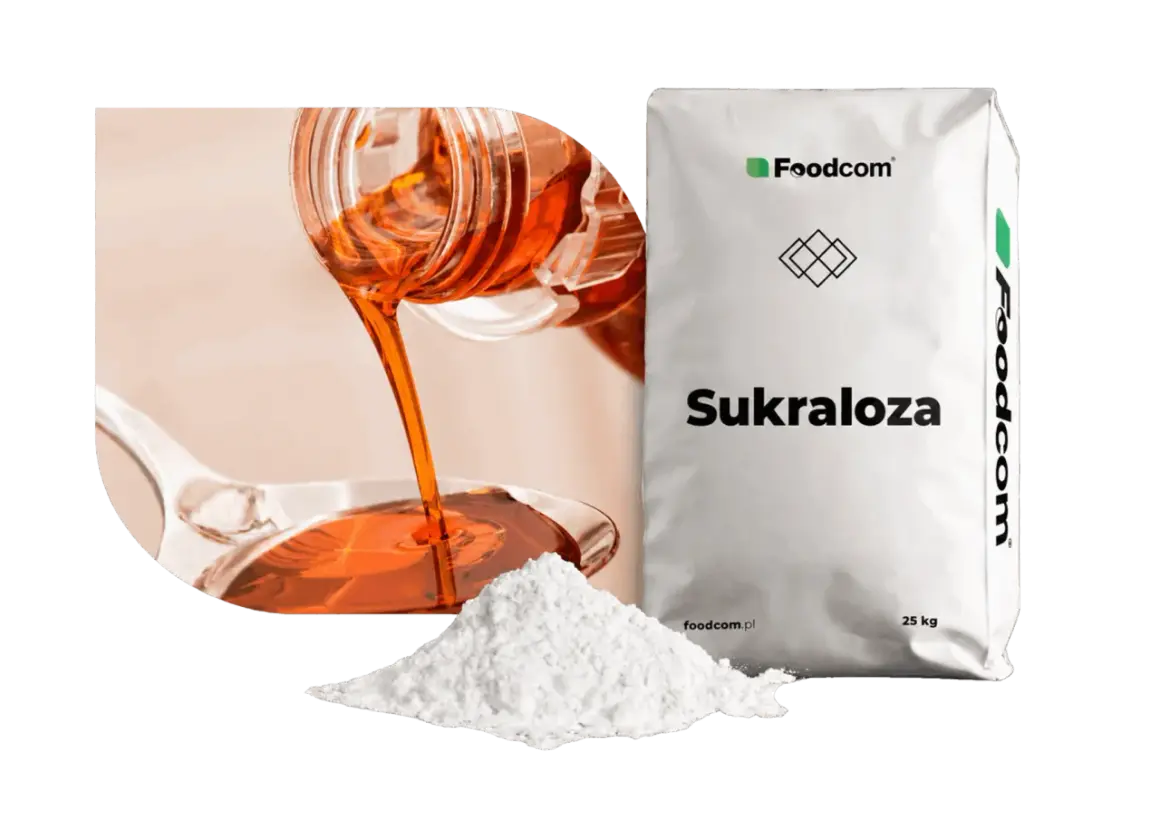 Biały proszek i płynna sukraloza w butelce obok worka z napisem "Sukraloza" od Foodcom.