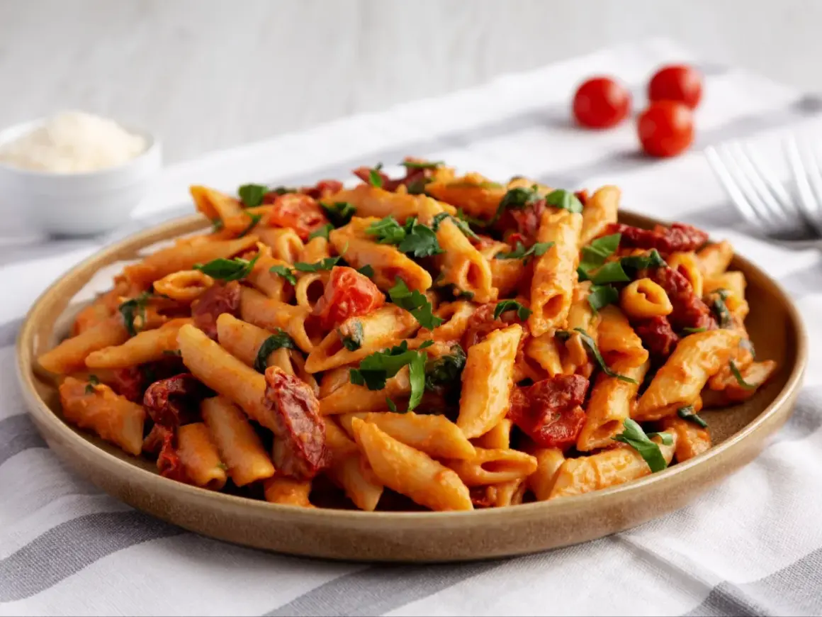 Pyszny makaron penne z sosem pomidorowym, kawałkami suszonych pomidorów i świeżą natką pietruszki.