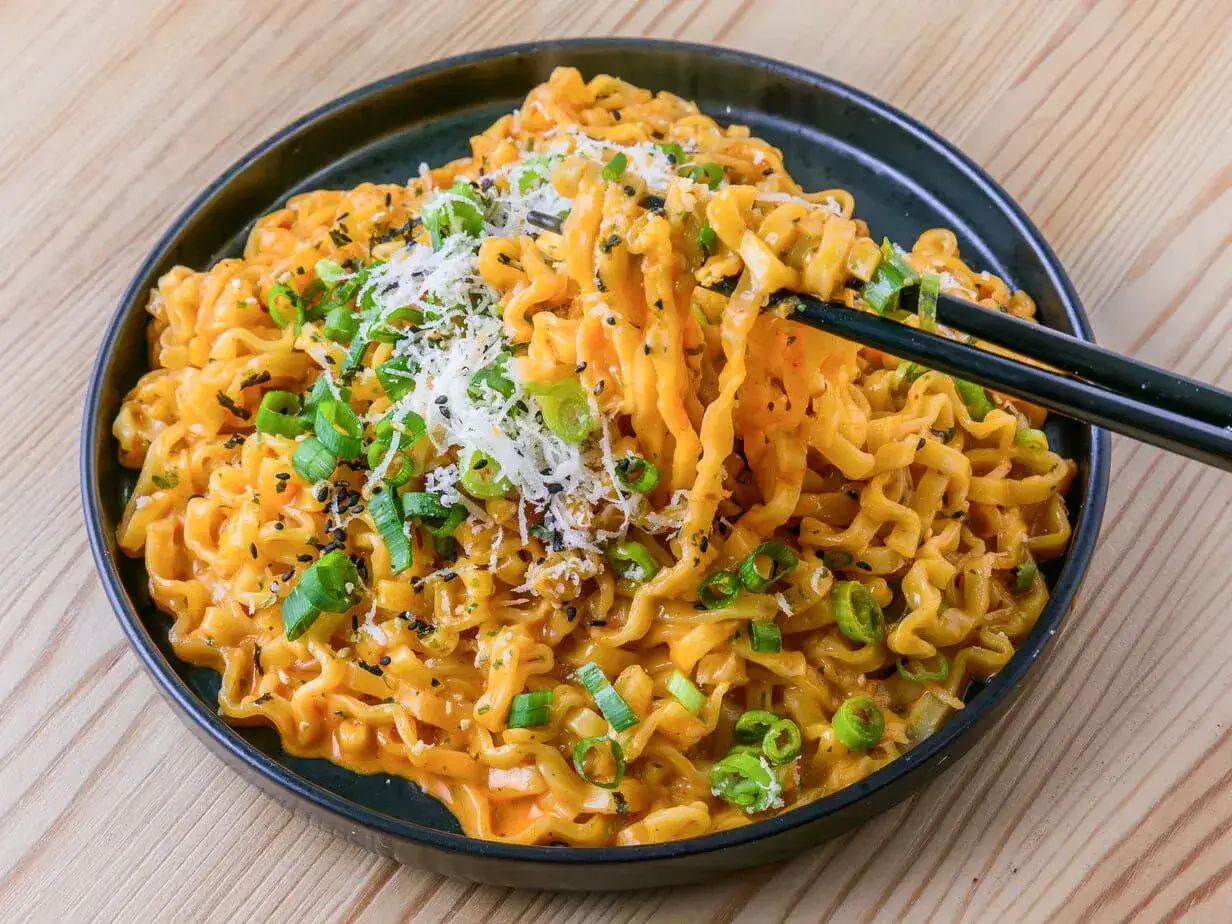 Porcja pikantnego buldak carbonara z posypką z zielonej cebulki i czarnego sezamu, gotowa do zjedzenia pałeczkami.