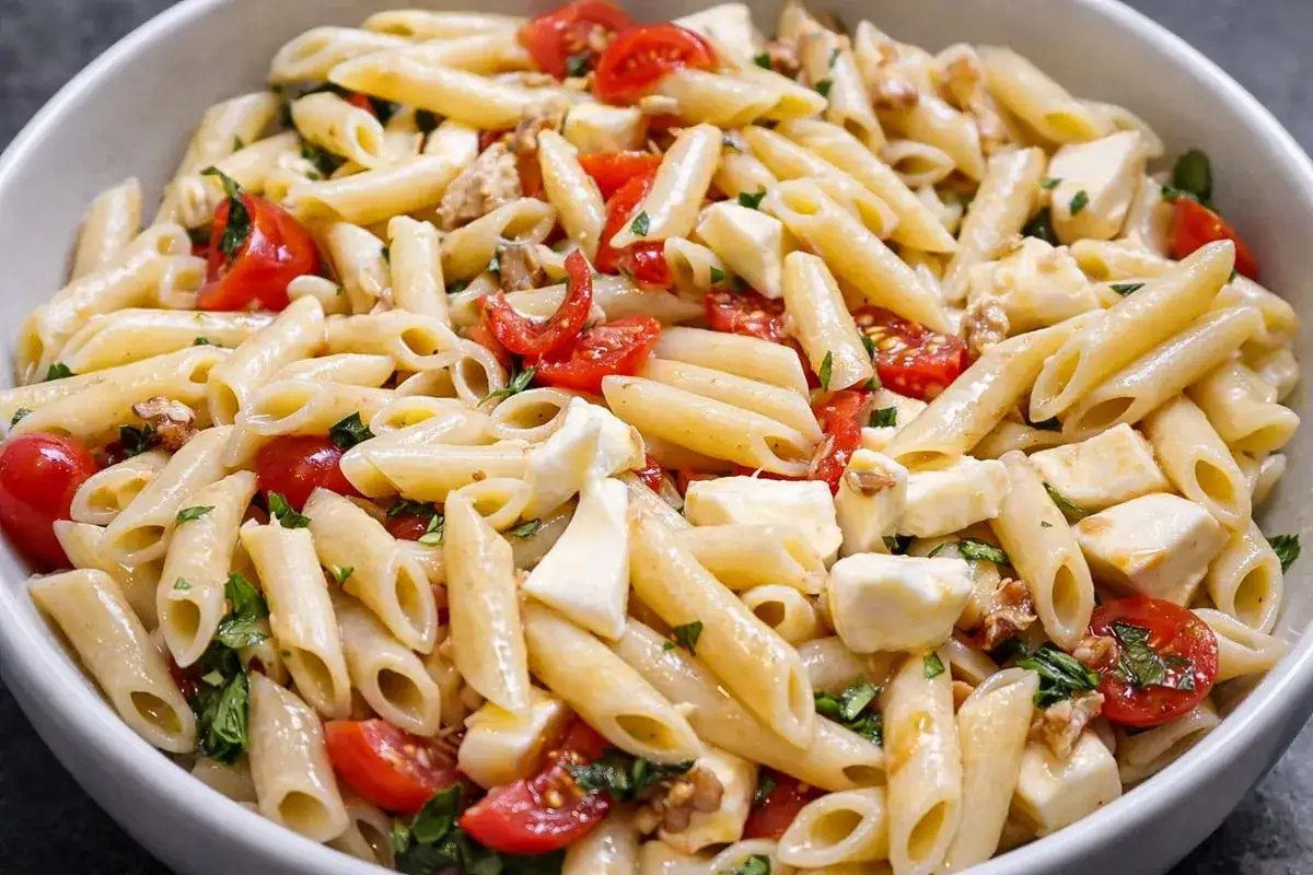 Penne z pomidorkami koktajlowymi i kostkami mozzarelli, posypane natką pietruszki i orzechami. Pyszny makaron z mozzarellą.