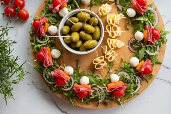 Kolorowe przekąski sałatki na imprezę: szaszłyki z pomidorkami, mozzarellą, salami i marchewką, oliwki i serowe zawijasy.